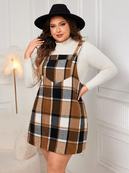 Plus Size Plaid Wide Strap Overall Dress.