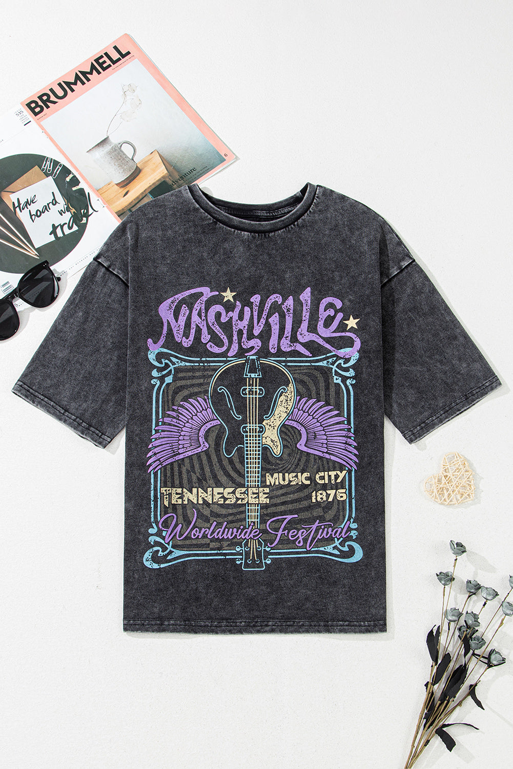 Black Vintage Nashville Tennessee Graphic Mineral Washed Tee