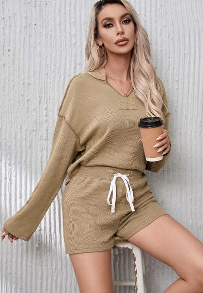 Sleek Exposed Seam Long Sleeve Top with Drawstring Short Set