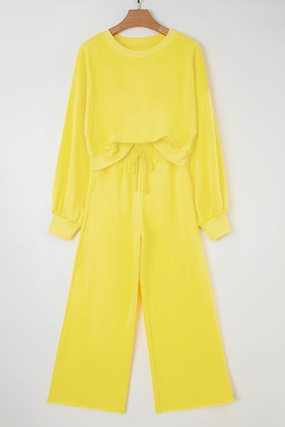Yellow Cream Puff Sleeve Crop Top and Wide Leg Pants
