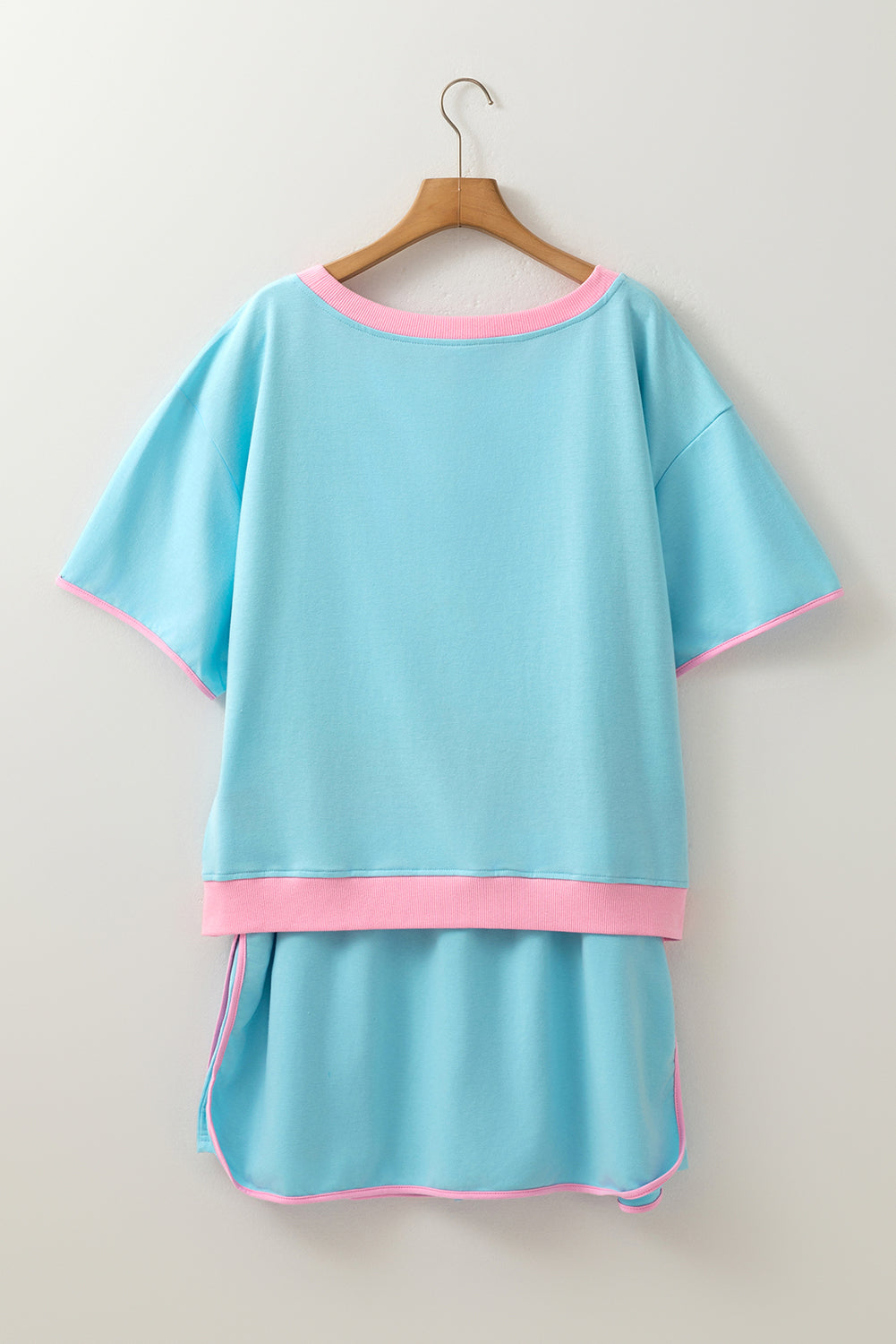 Turquoise Plus Size Contrast Trim Tee Skirt Two Piece Set