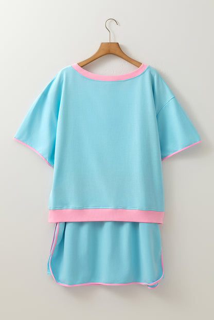 Turquoise Plus Size Contrast Trim Tee Skirt Two Piece Set