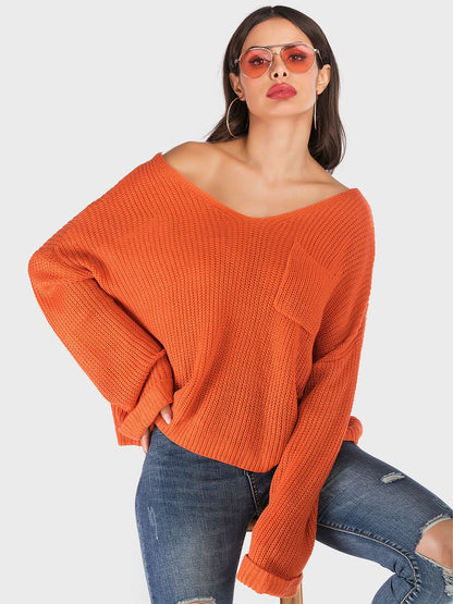 Perfee V-Neck Dropped Shoulder Long Sleeve Sweater