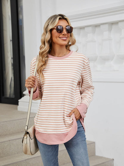 Striped Round Neck Long Sleeve Sweatshirt.