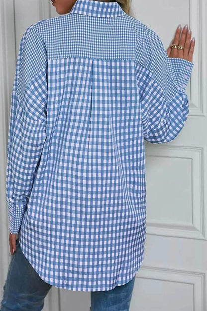 Plaid pocketed long sleeve collared shirt with a touch of stretch