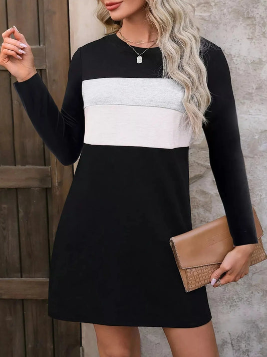 Plus Size Color Block Long Sleeve Casual Mini Dress Simply Love