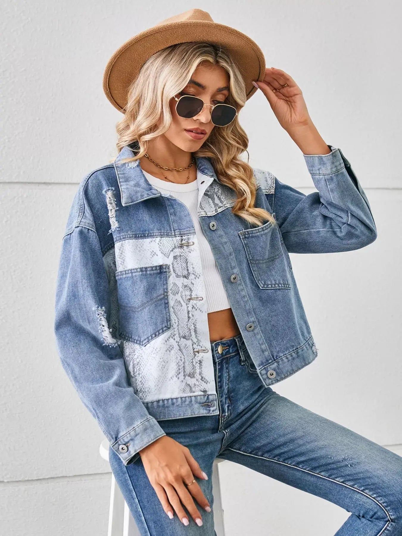 Snake Print Button Up Denim Jacket Simply Love