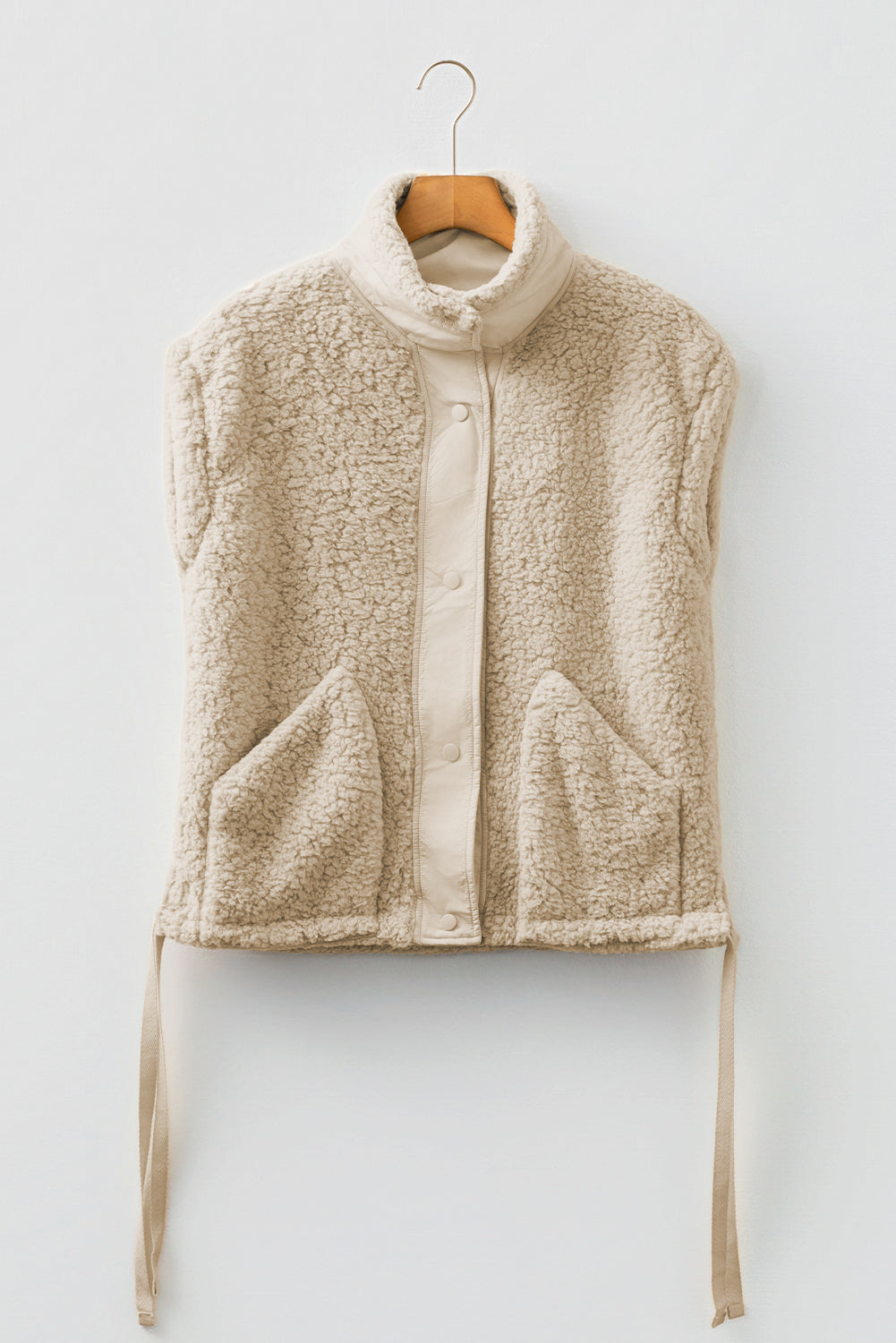 Beige Faux Fur Snap Button Front Knot Side Plush Vest With Pockets Dear-Lover Dropshipping