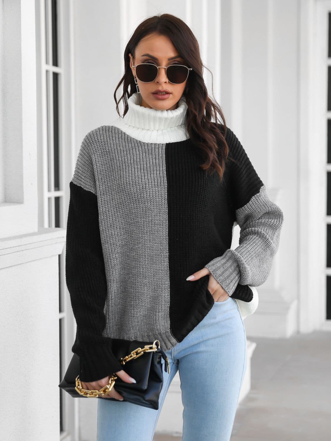 Contrast Turtleneck Long Sleeve Sweater.