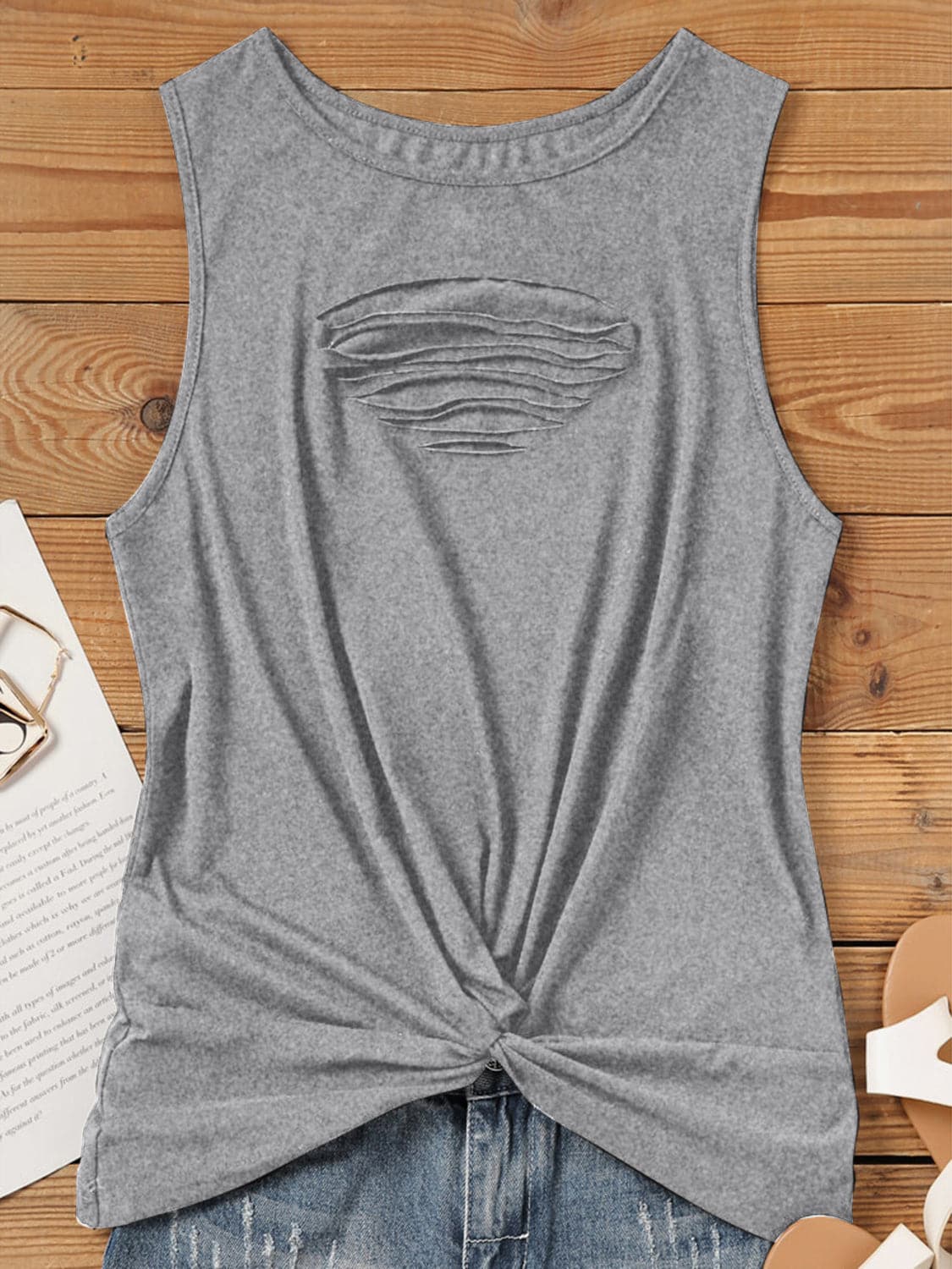 Cutout Twisted Round Neck Tank.