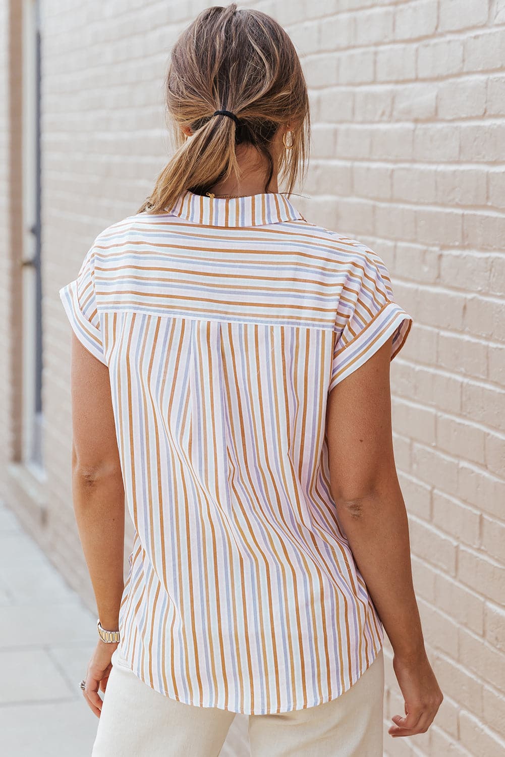 Pocketed Striped Collared Neck Short Sleeve Shirt.