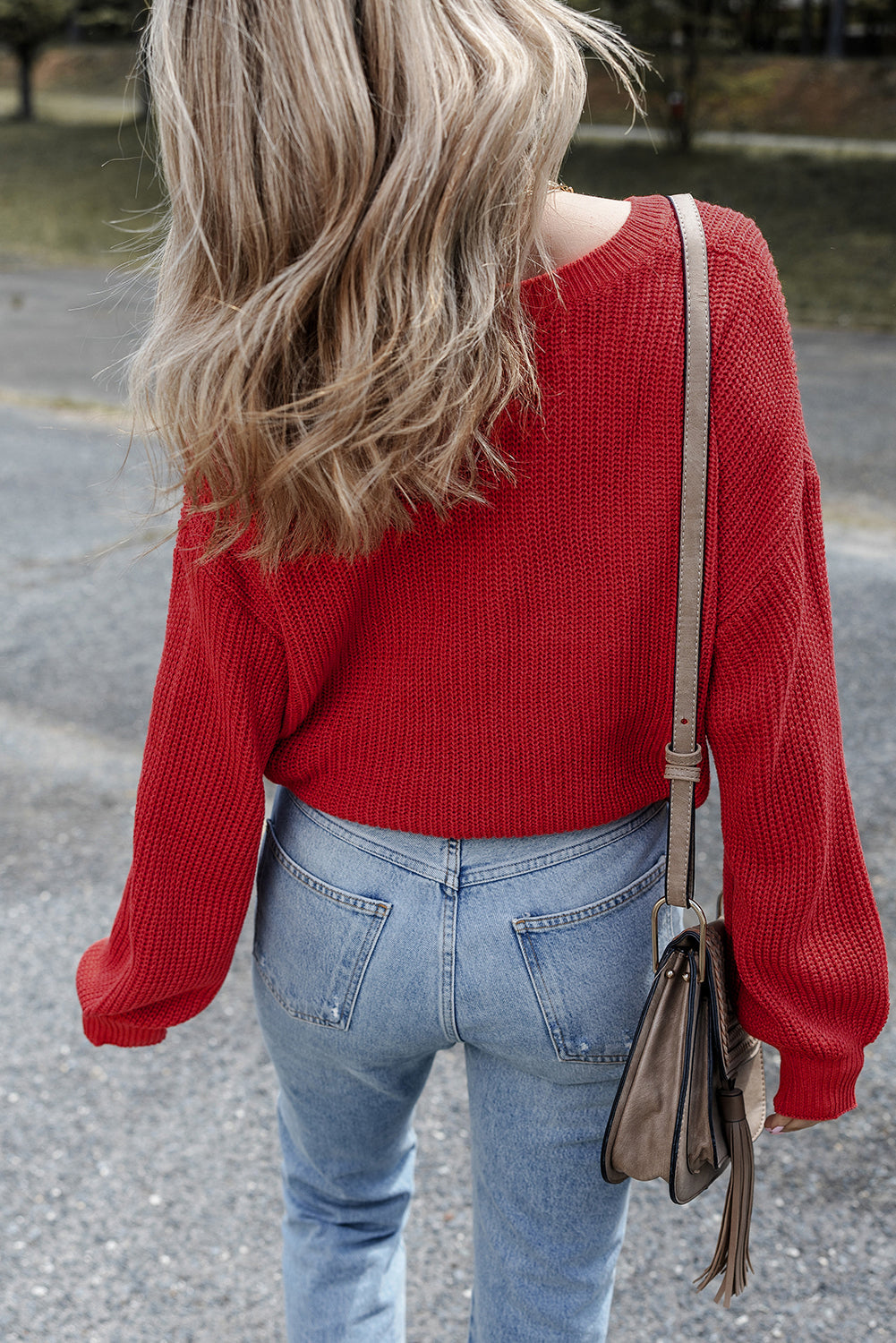 Premium Racing Red Solid Textured Knit V Neck Drop Shoulder Sweater Dear-Lover Dropshipping