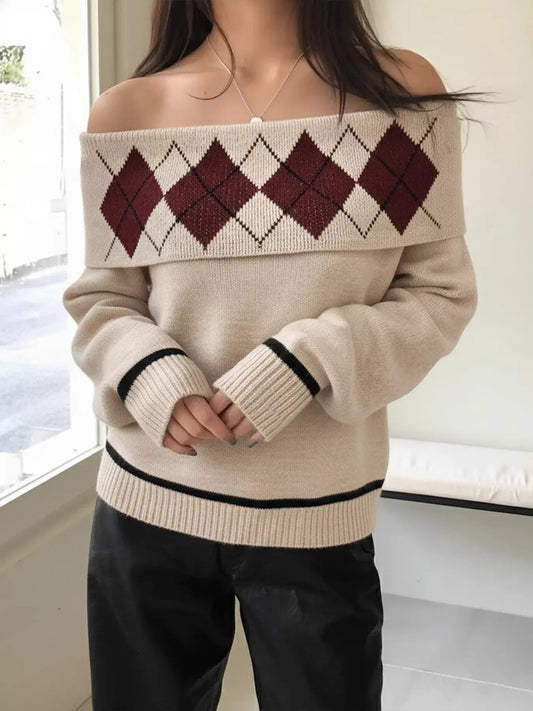 Off Shoulder Argyle Pattern Beige Sweater With Burgundy Diamonds Simply Love