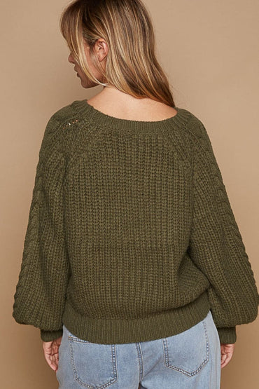 POL Cable Knit Cutout Long Sleeve Sweater.