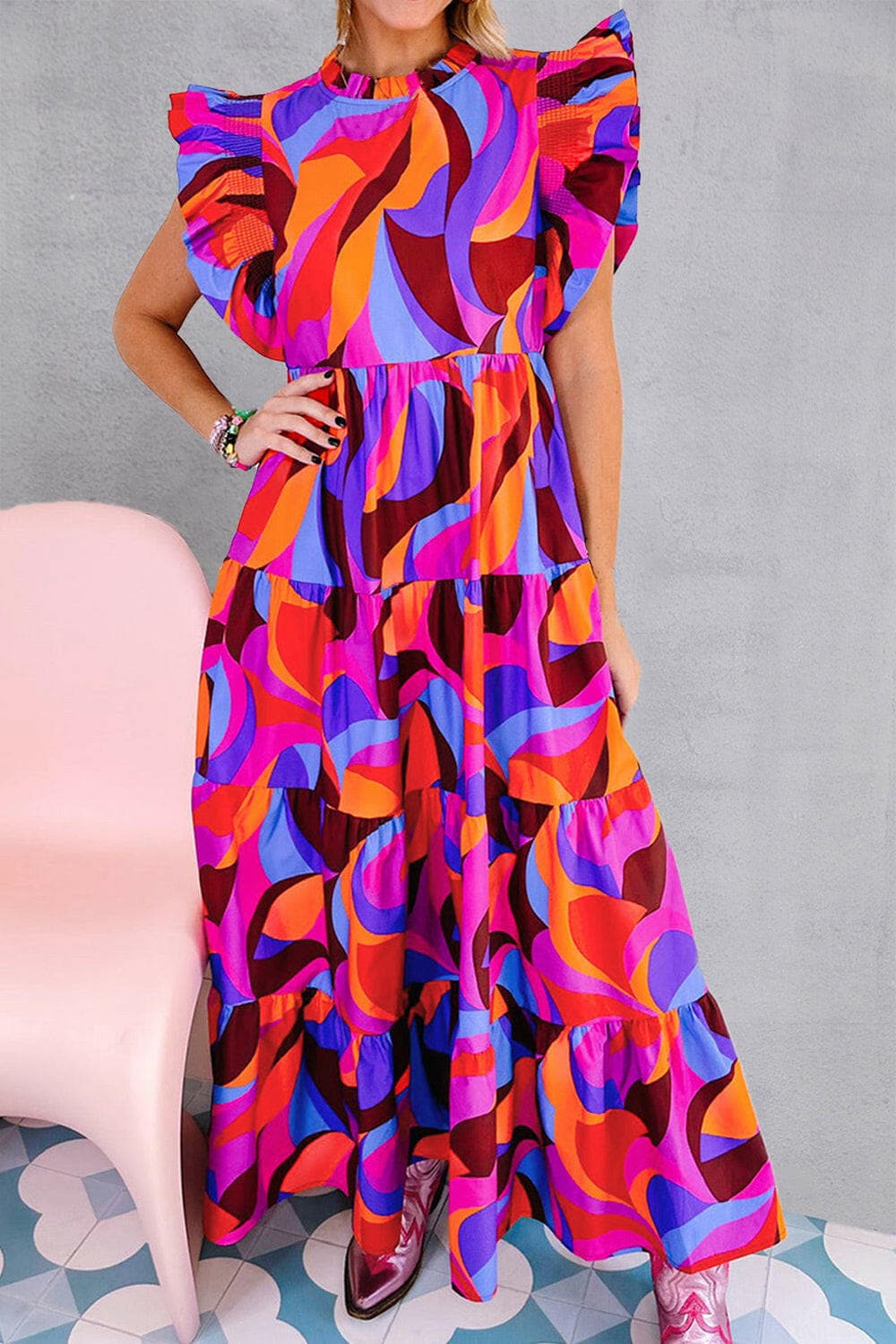 Printed Ruffled Mock Neck Tiered Dress.