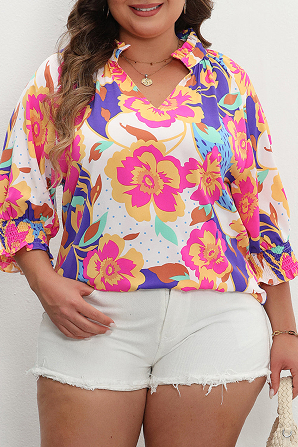 Rose red floral print puff sleeve blouse with split neck design