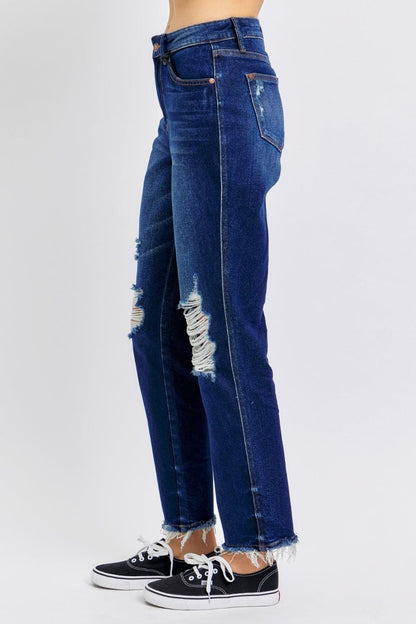 Judy Blue Full Size High Waist Rigid Magic Heavy Destroy Straight Jeans.