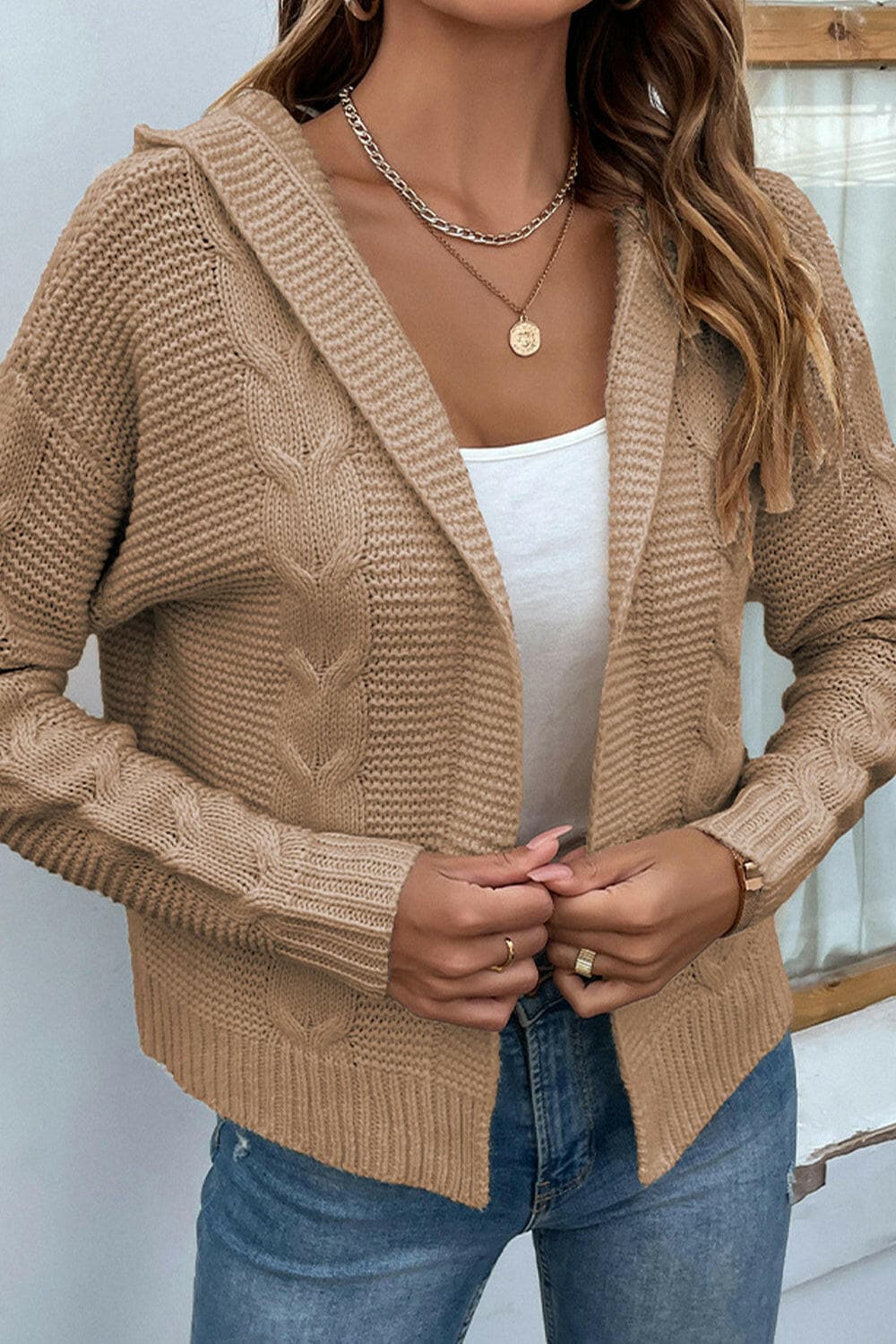 Cable-Knit Dropped Shoulder Hooded Cardigan.