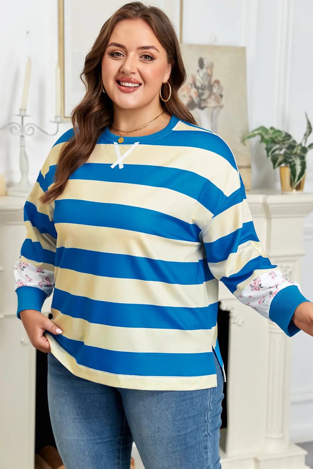 Blue Stripe Floral Color Block Drop Shoulder Plus Size Top Dear-Lover Dropshipping