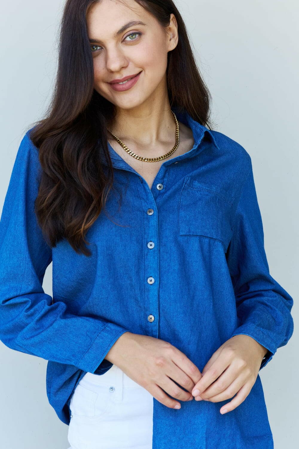 Doublju Blue Jean Baby Denim Button Down Shirt Top in Dark Blue.