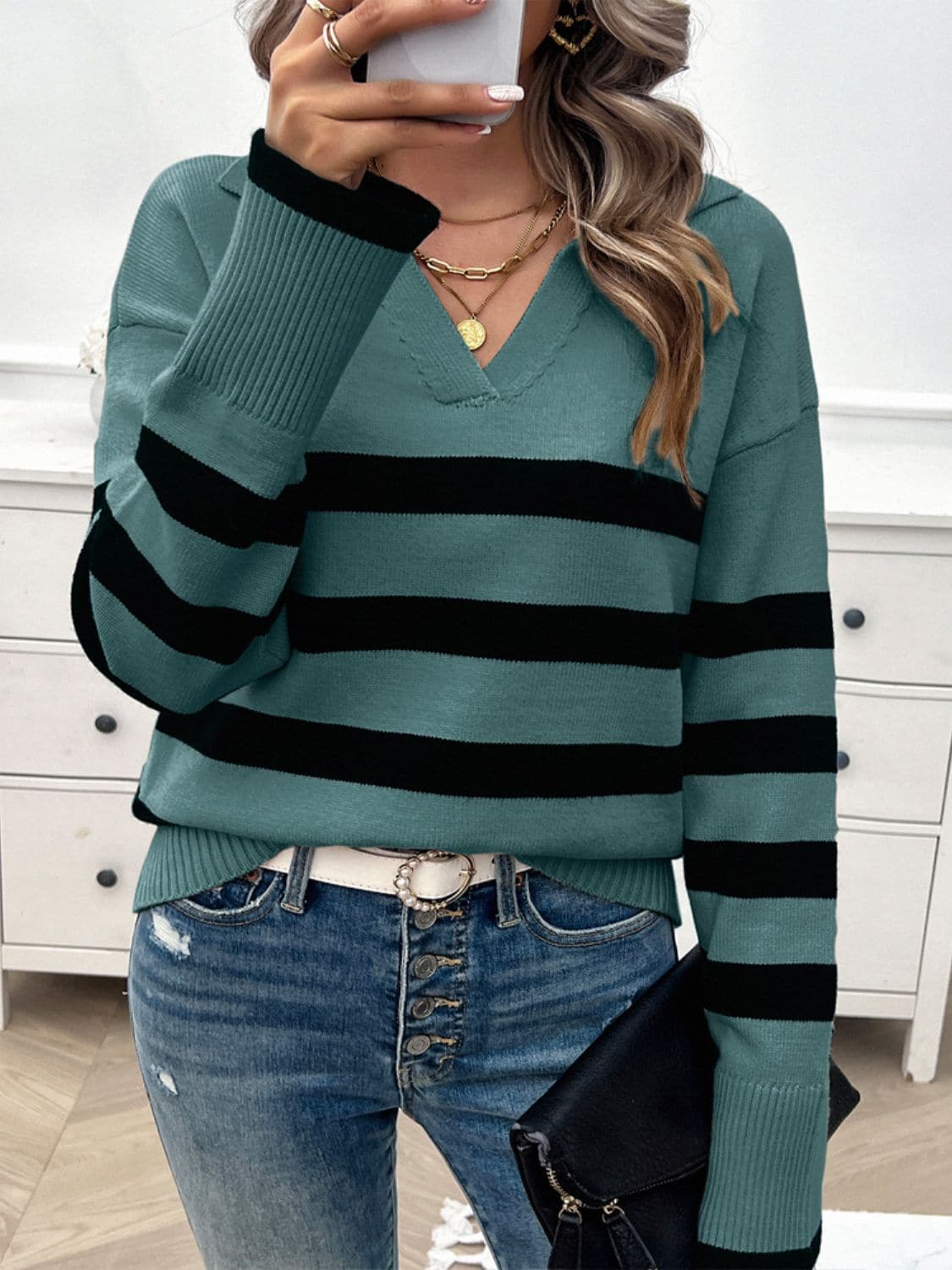 Striped Collared Neck Long Sleeve Sweater.