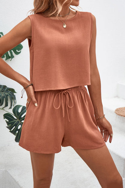 Round Neck Top and Drawstring Shorts Set.