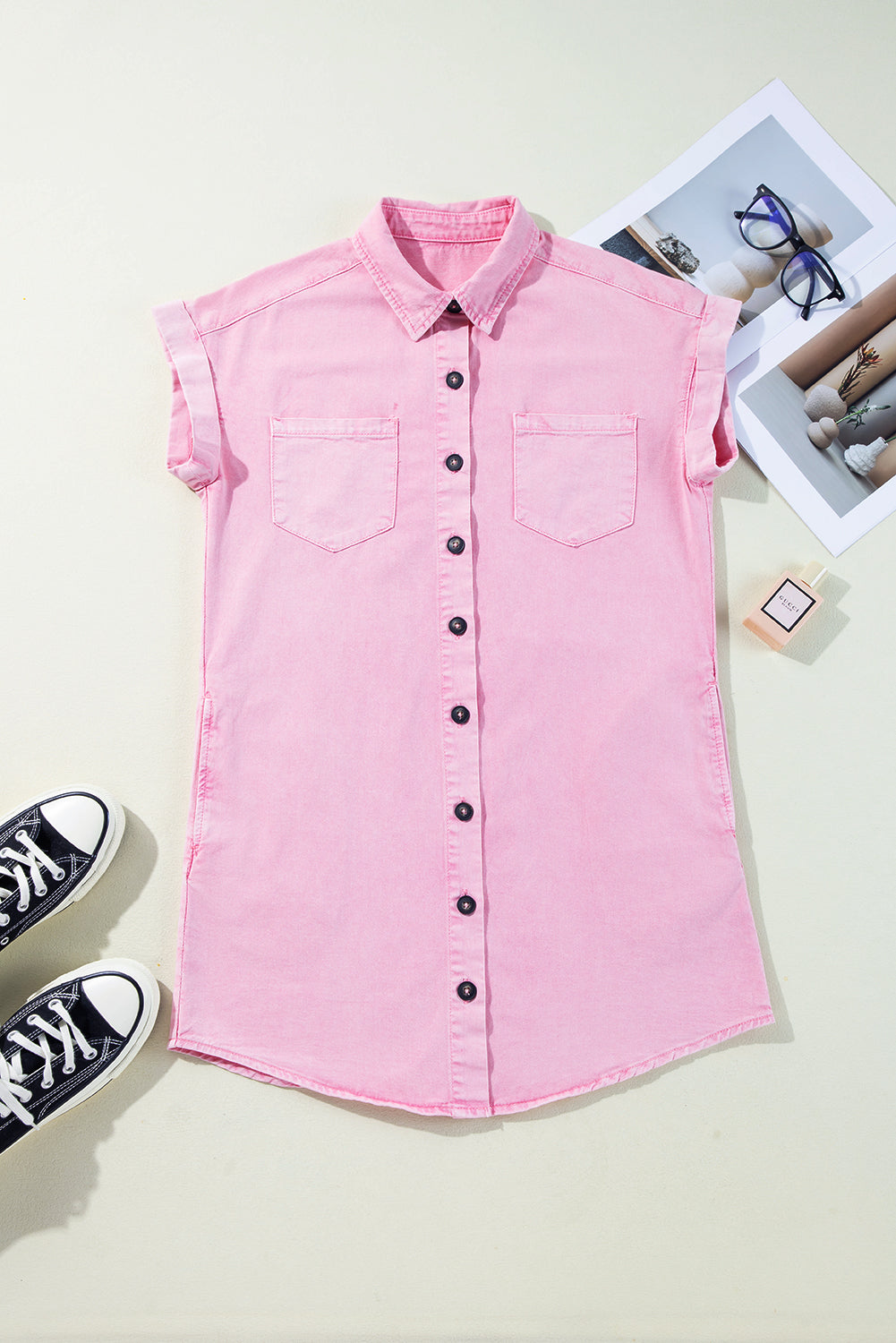 Pink Short Sleeve Denim Shirt Dress with Double Chest Pockets