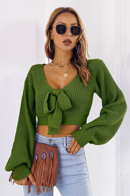 Bow V-Neck Long Sleeve Cropped Sweater.