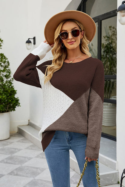 Color Block Round Neck Sweater.