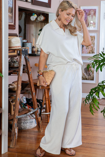 Chic beige plus size textured top and pants ensemble