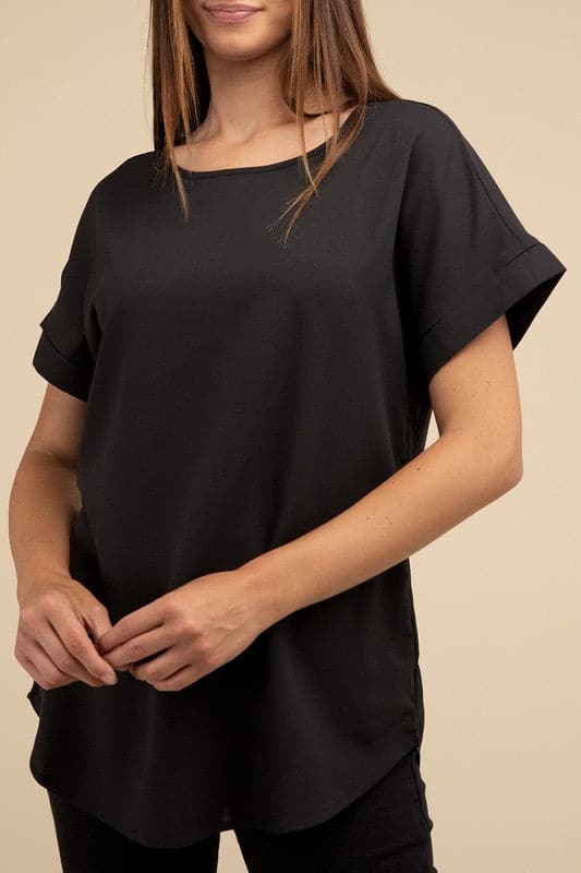 Woven Heavy Dobby Rolled Sleeve Boat Neck Top.