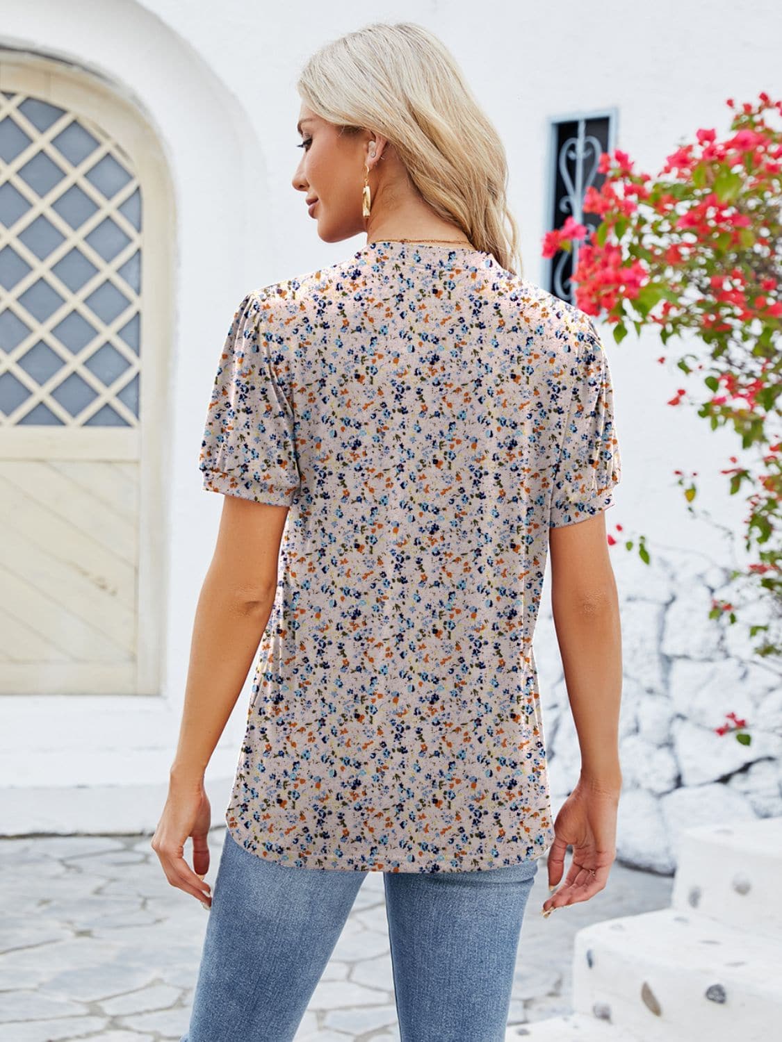 Ruched Printed Notched Short Sleeve Blouse.