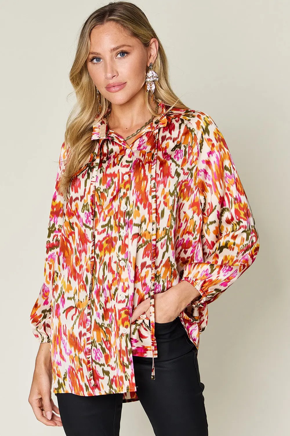 Double Take Full Size Printed Button Up Long Sleeve Shirt - Love Salve