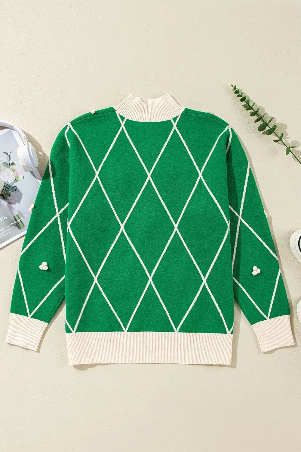 Diamond Pattern High Neck Christmas Sweater with Pom Pom Accents - Love Salve 