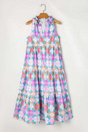 Frill Printed Notched Sleeveless Dress.