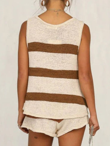 V-Neck Sleeveless Top and Drawstring Shorts Sweater Set.