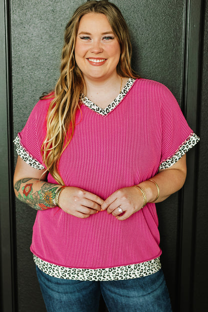 Rose red leopard accent v-neck corded plus size top