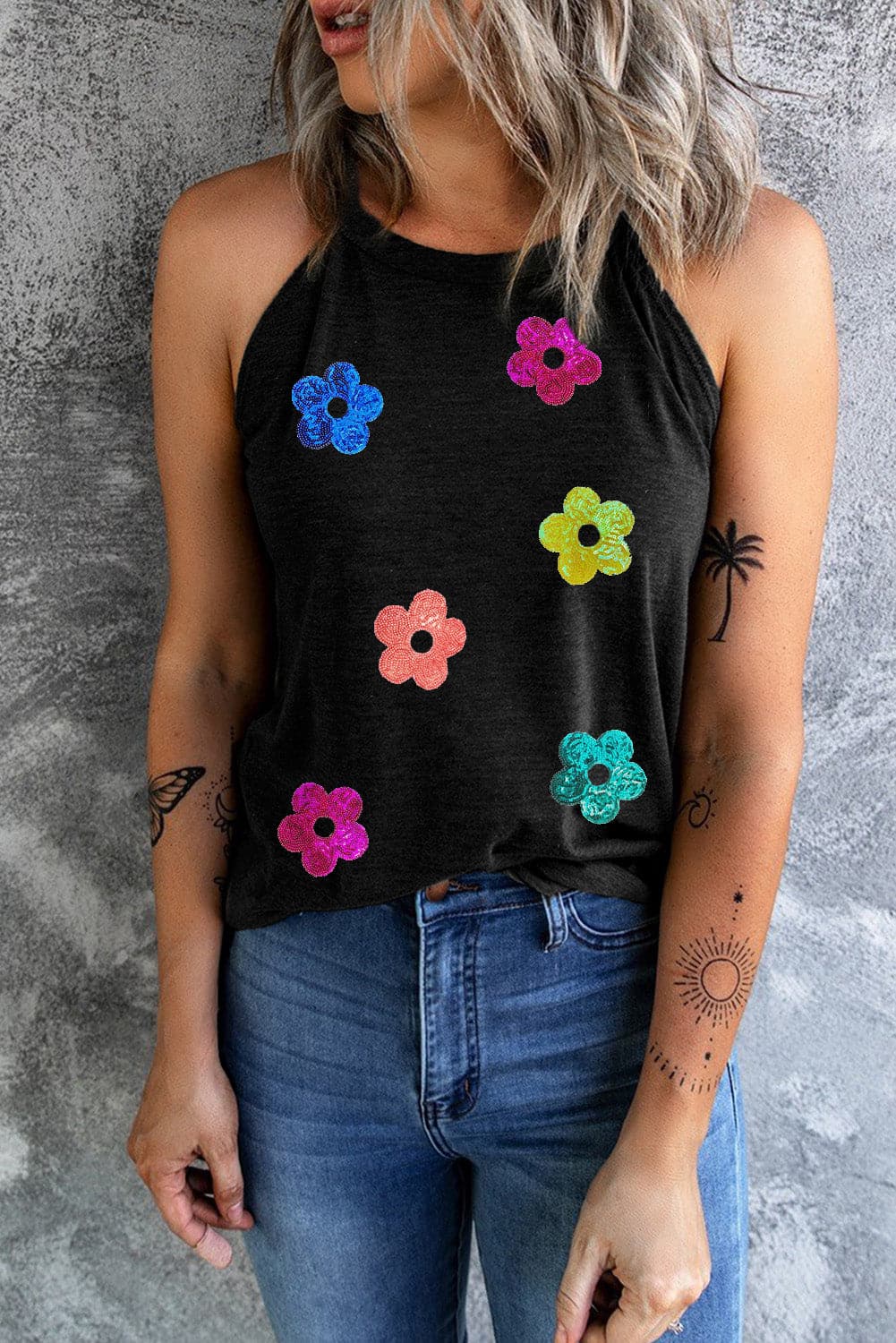 Sequin Flower Round Neck Tank.