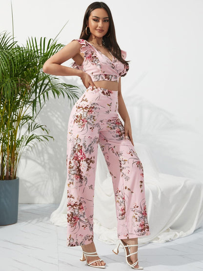 Printed Surplice Cap Sleeve Top and Pants Set.