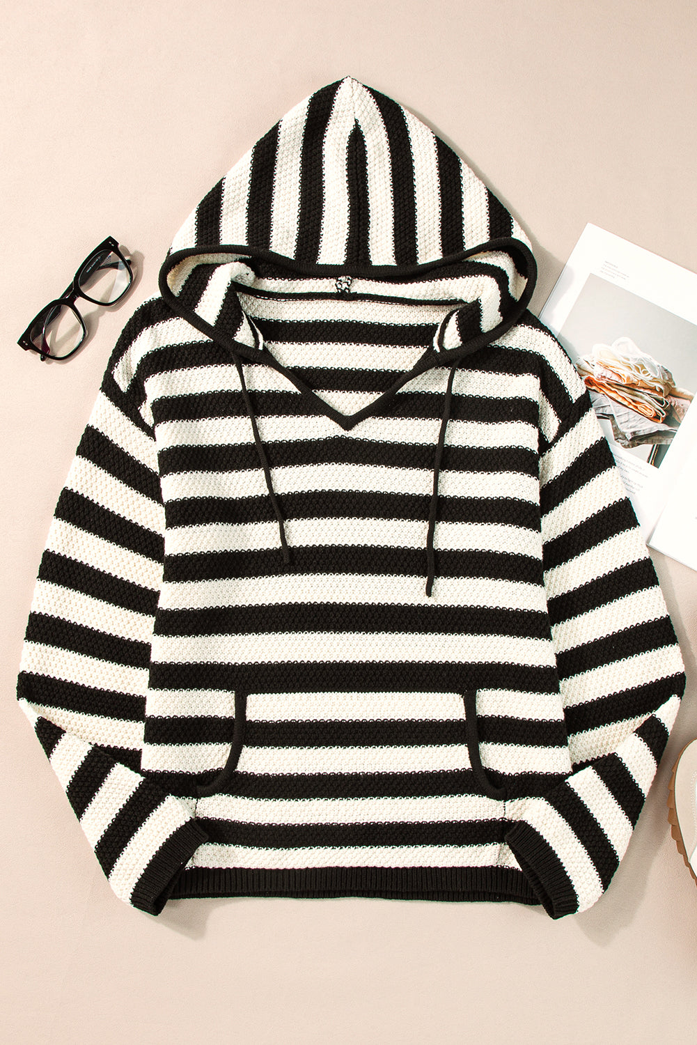 Striped Hooded V-Neck Sweater with Pocket Detail