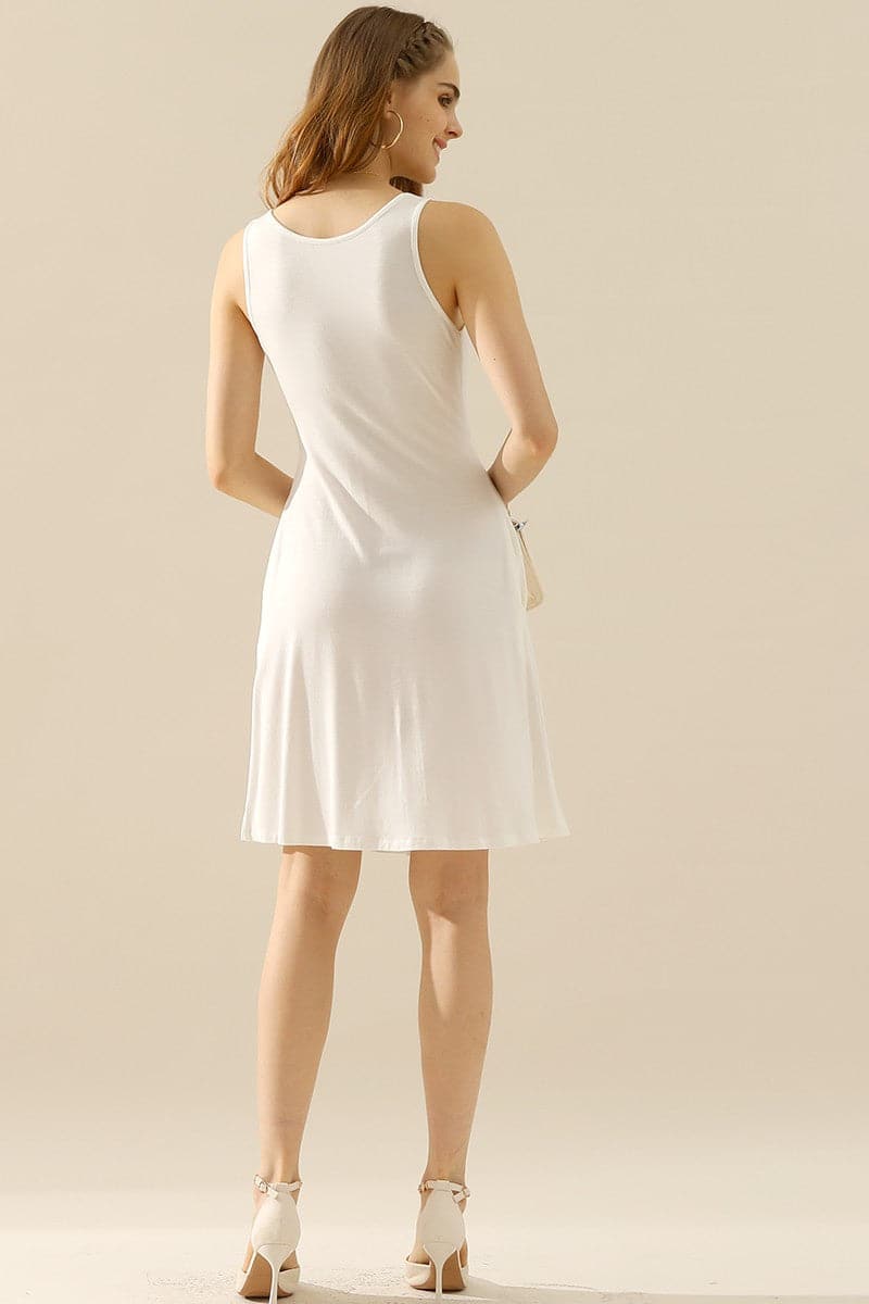 Doublju Full Size Round Neck Ruched Sleeveless Dress with Pockets.