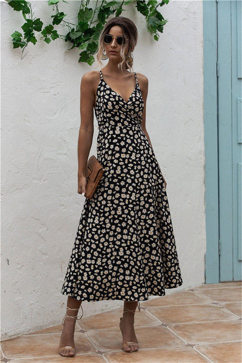 Daisy Print Surplice Midi Cami Dress.