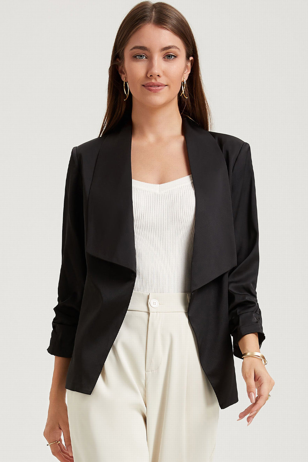 Elegant black satin blazer with lapel collar