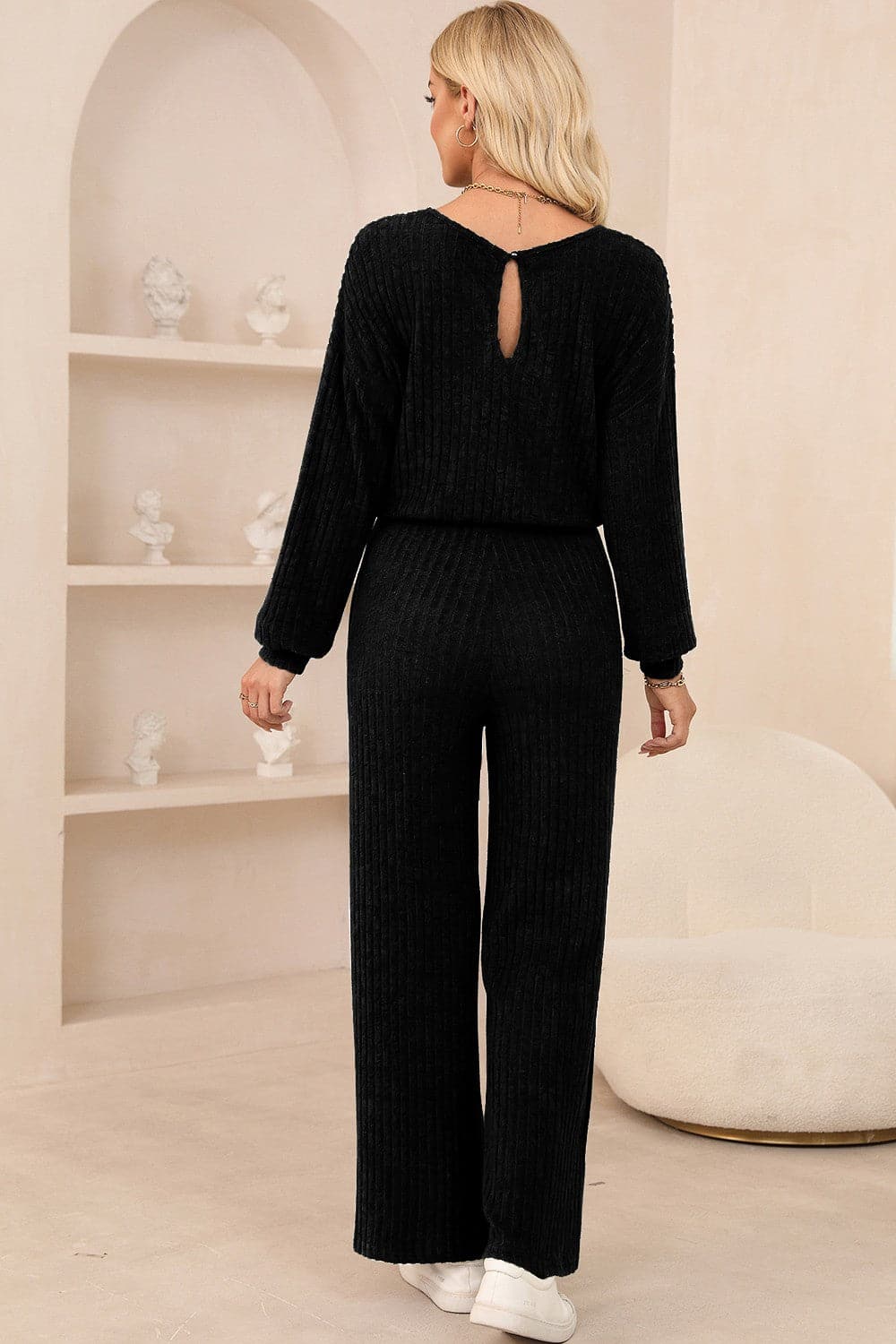 Round Neck Long Sleeve Jumpsuit.