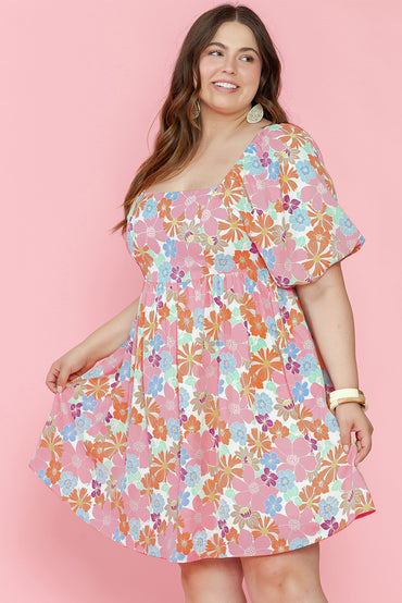 Charming multicolour floral babydoll dress with puff sleeves and square neckline