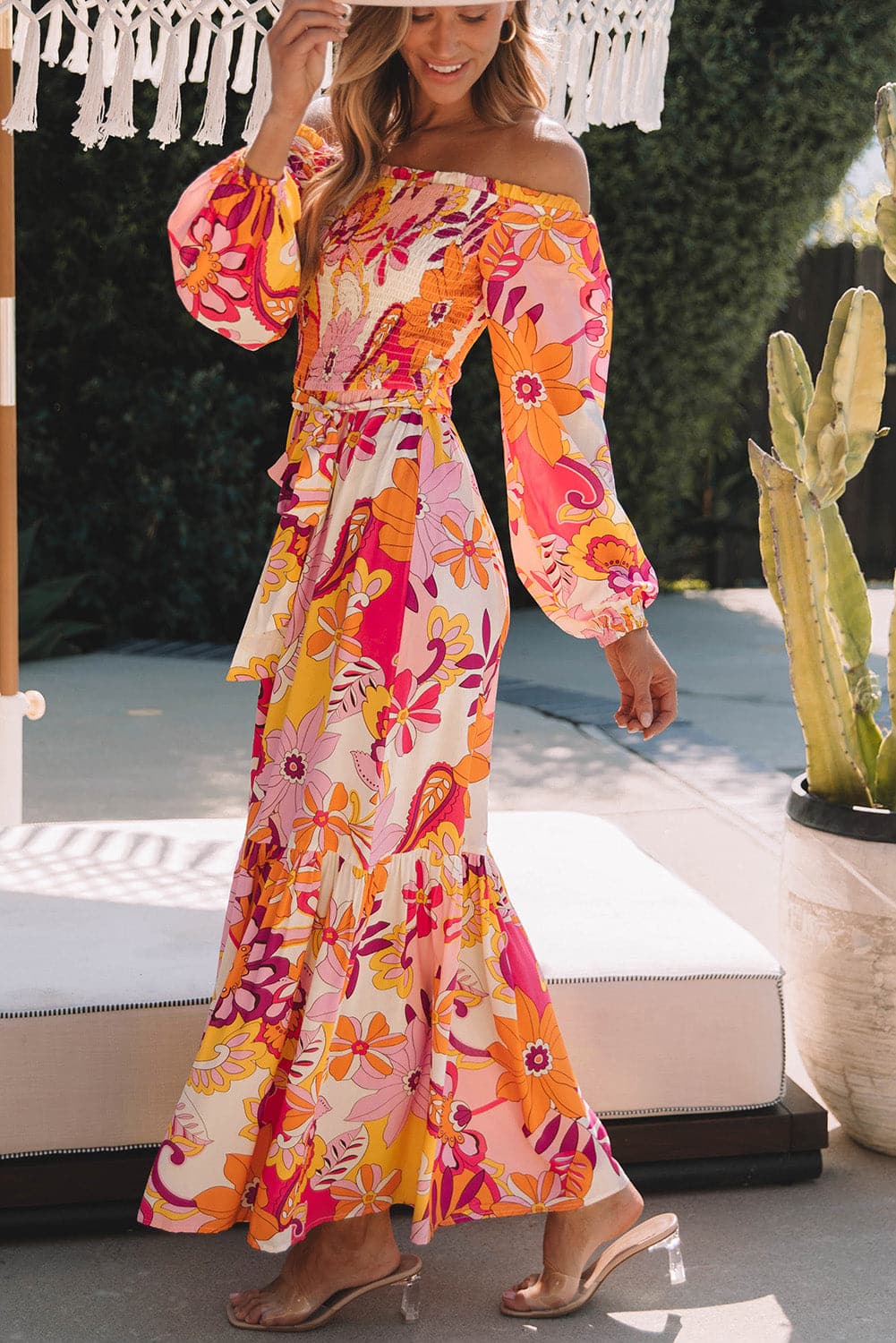 Printed Off-Shoulder Balloon Sleeve Maxi Dress.