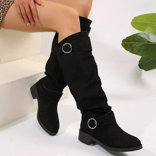 Black Buckle Strap Knee High Boots With Block Heel PU Leather Simply Love