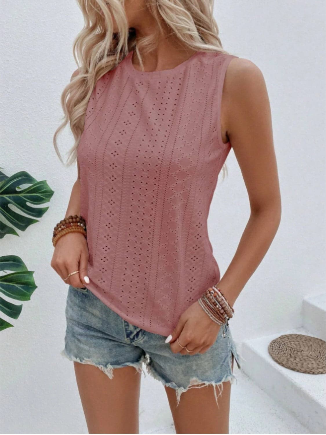 Eyelet Round Neck Tank.