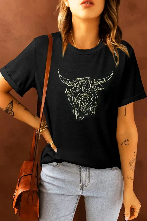 Bull Head Embroidered Round Neck T Shirt Simply Love
