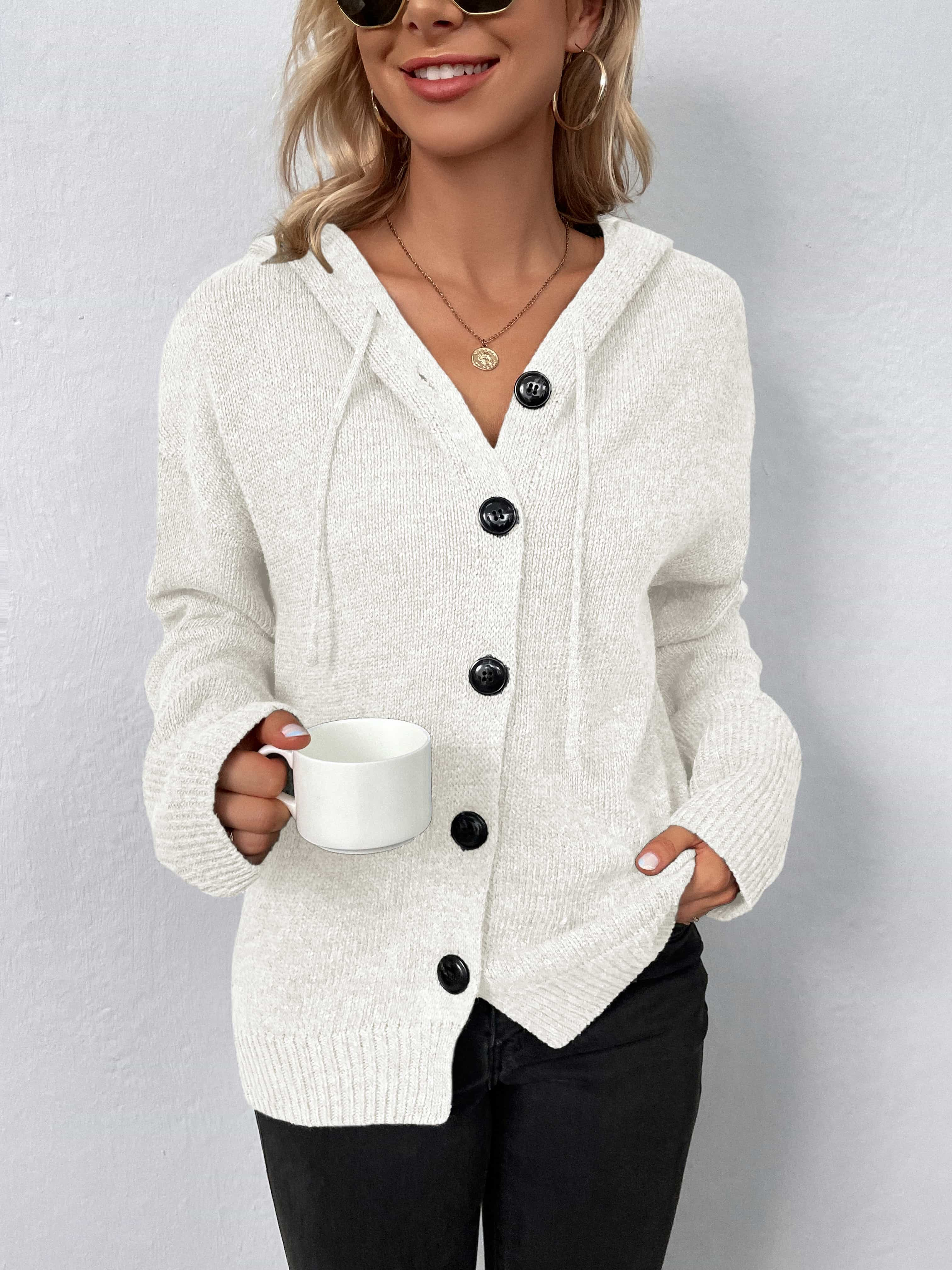 Button-Down Long Sleeve Hooded Sweater.